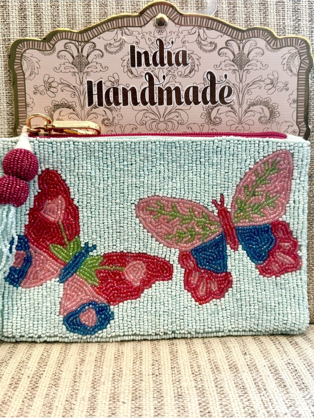 New! Made in India. Beaded Butterfly Zip Wallet - Light Blue & Pink